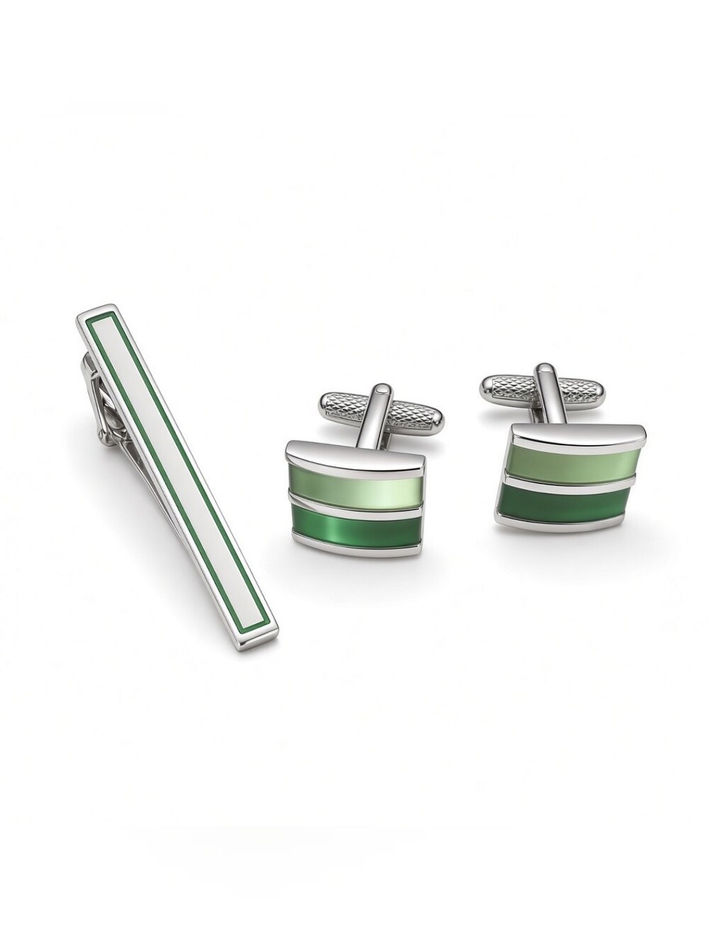 Perry Ellis Portfolio Silver Tone Green Enamel Cufflinks & Matching Tie Clip Set